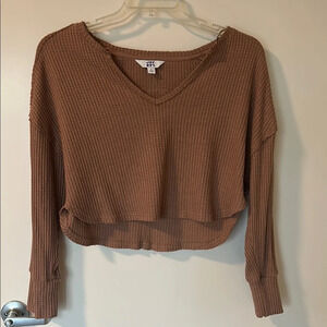 JoyLab Women's Brown V-Neck Ribbed Top crop